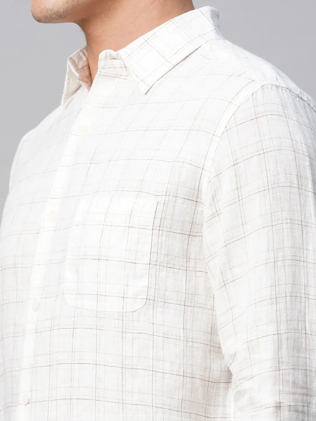 Men's 100% Linen White Regular Fit Long Sleeved Checked Shirt