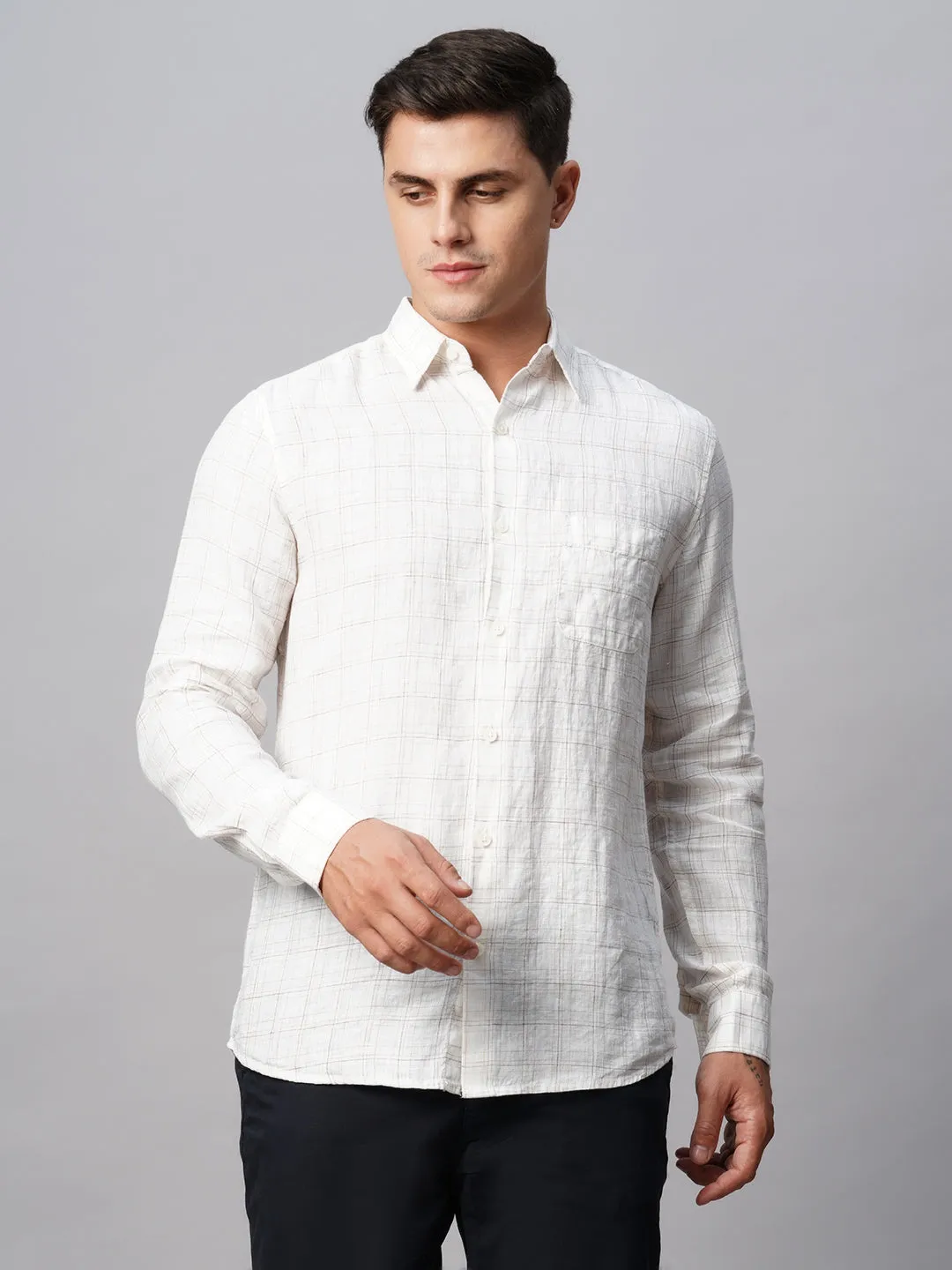 Men's 100% Linen White Regular Fit Long Sleeved Checked Shirt