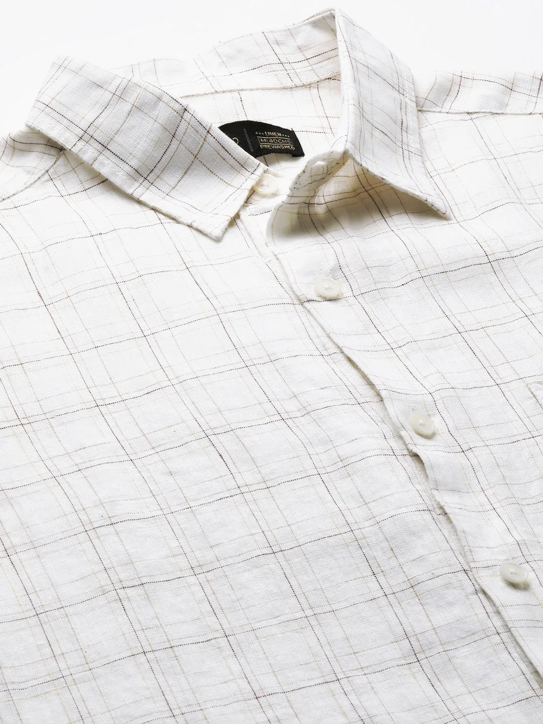 Men's 100% Linen White Regular Fit Long Sleeved Checked Shirt