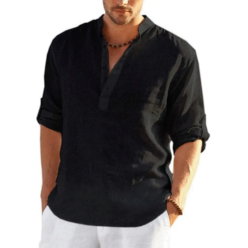 Men's Casual Cotton Linen Shirt - Loose Fitting Long Sleeve Men's Shirt