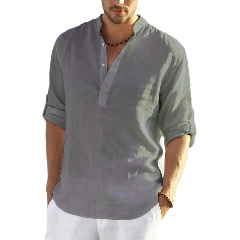 Men's Casual Cotton Linen Shirt - Loose Fitting Long Sleeve Men's Shirt