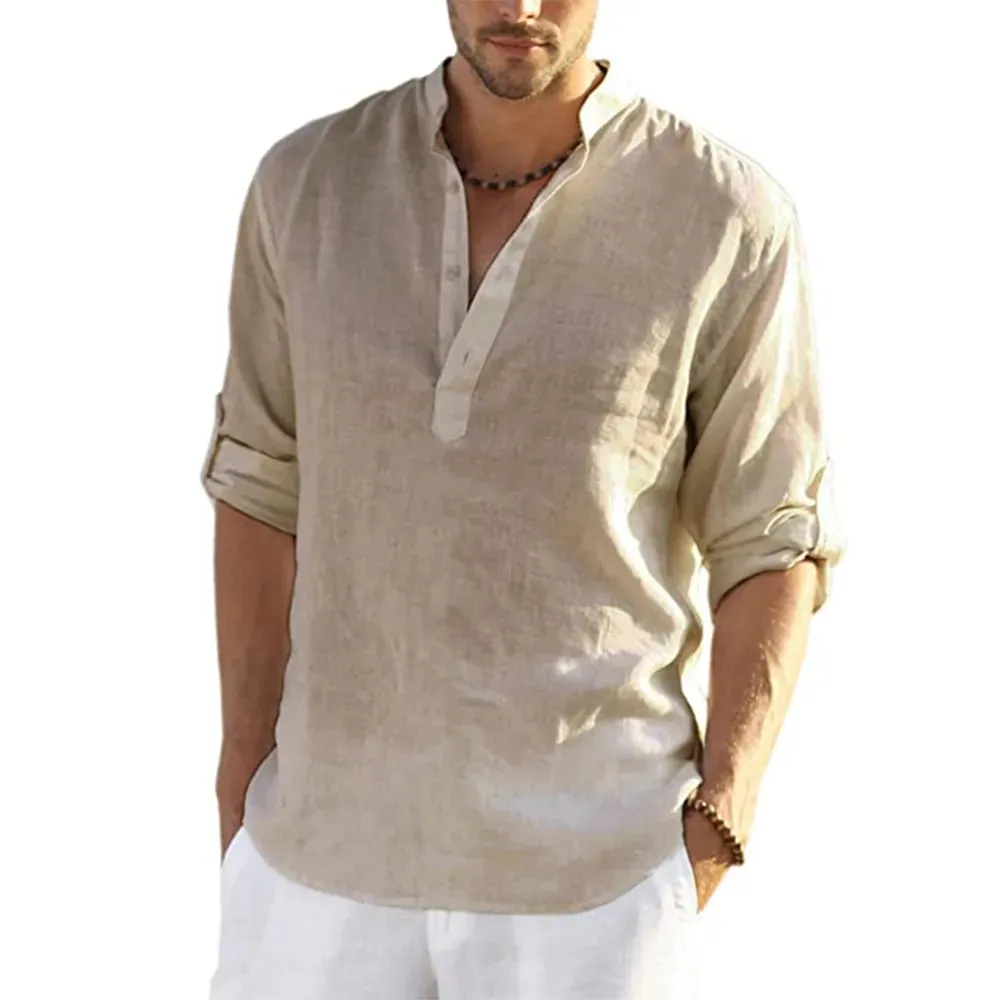 Men's Casual Cotton Linen Shirt - Loose Fitting Long Sleeve Men's Shirt