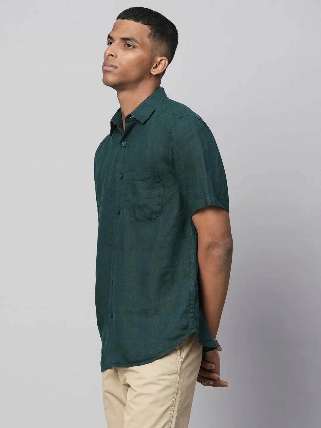 Men's Darkgreen 100% Linen Regular Fit Shirts