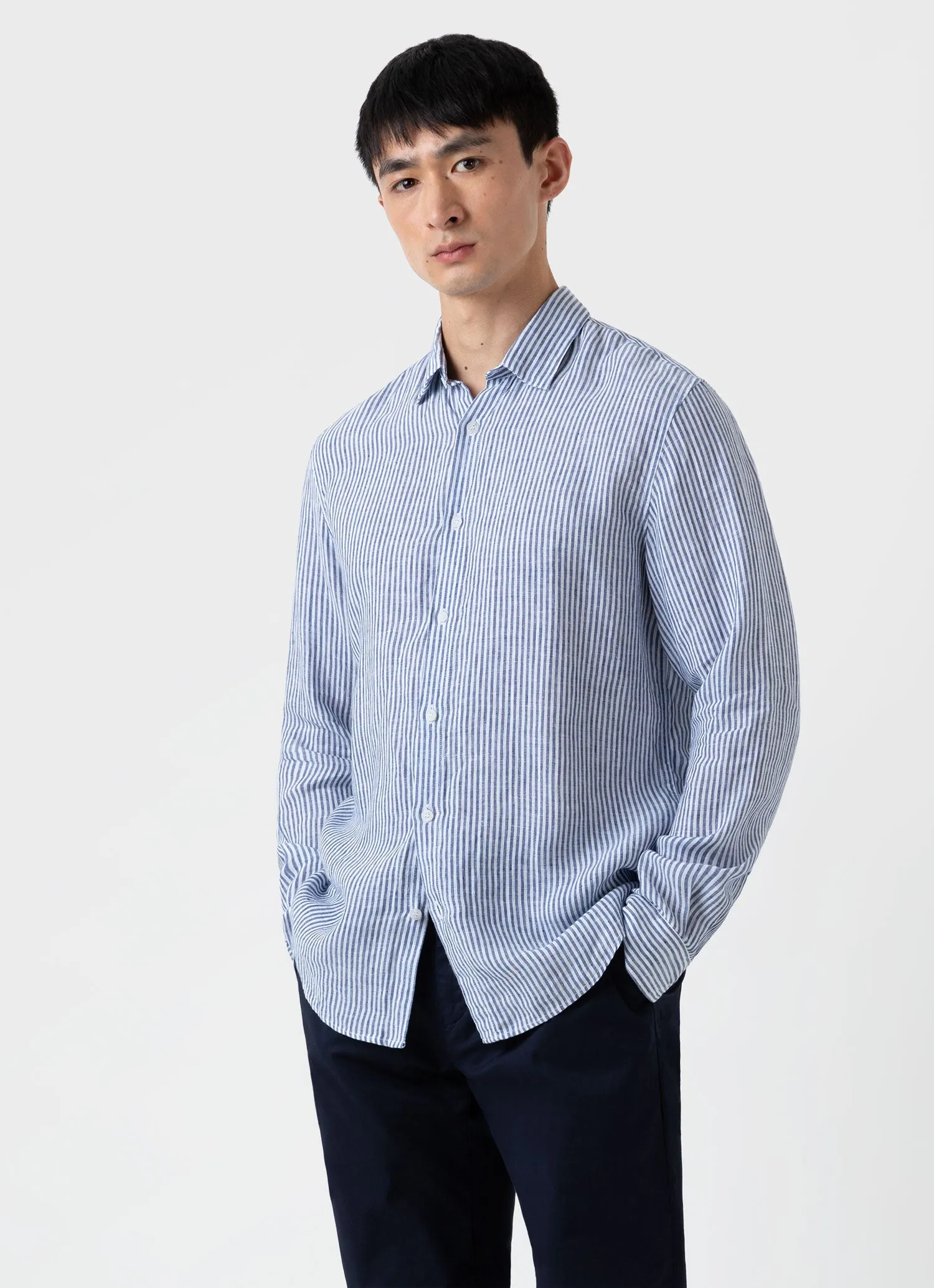 Men's Linen Shirt in Navy/White Linen Stripe