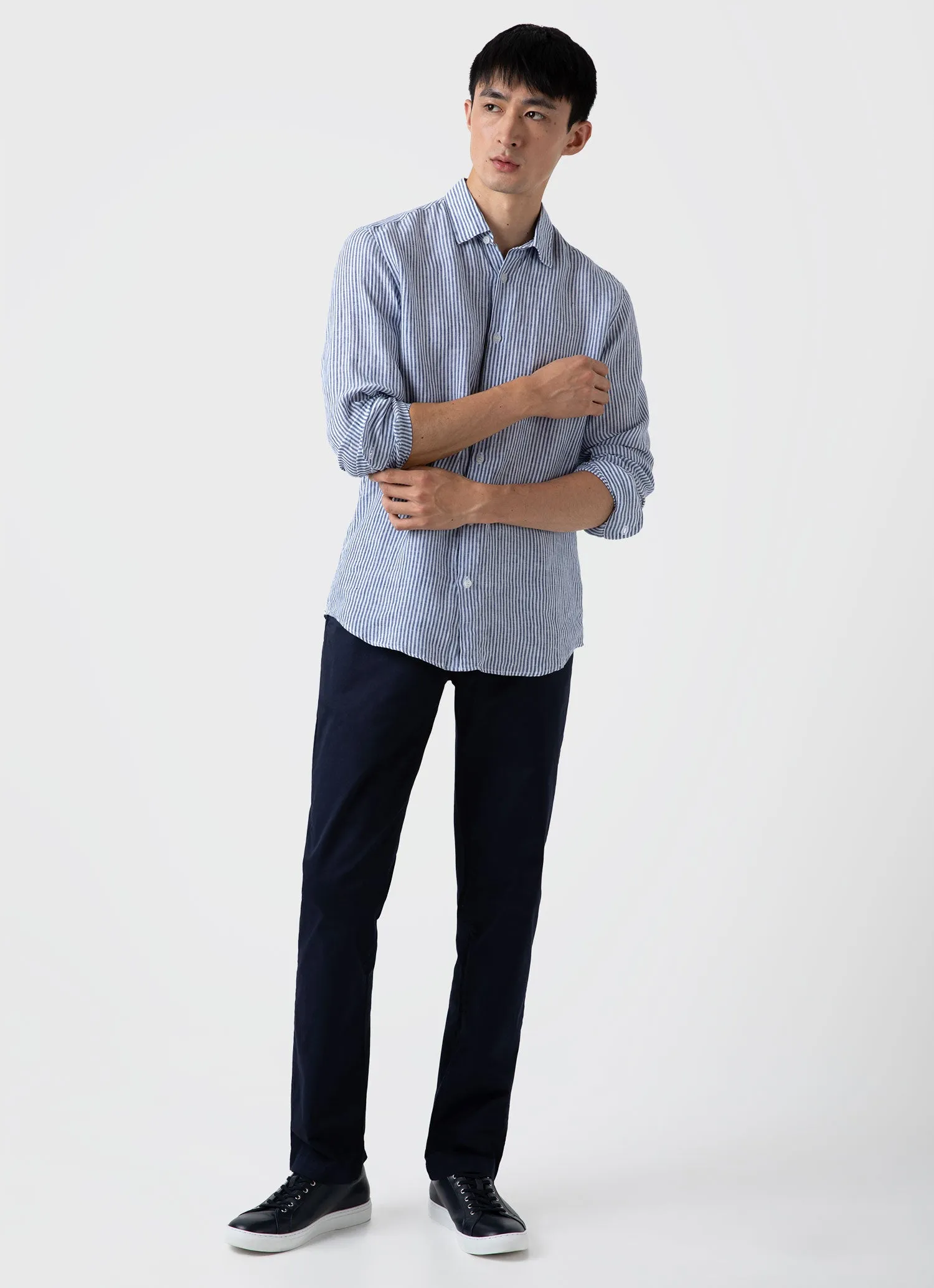 Men's Linen Shirt in Navy/White Linen Stripe