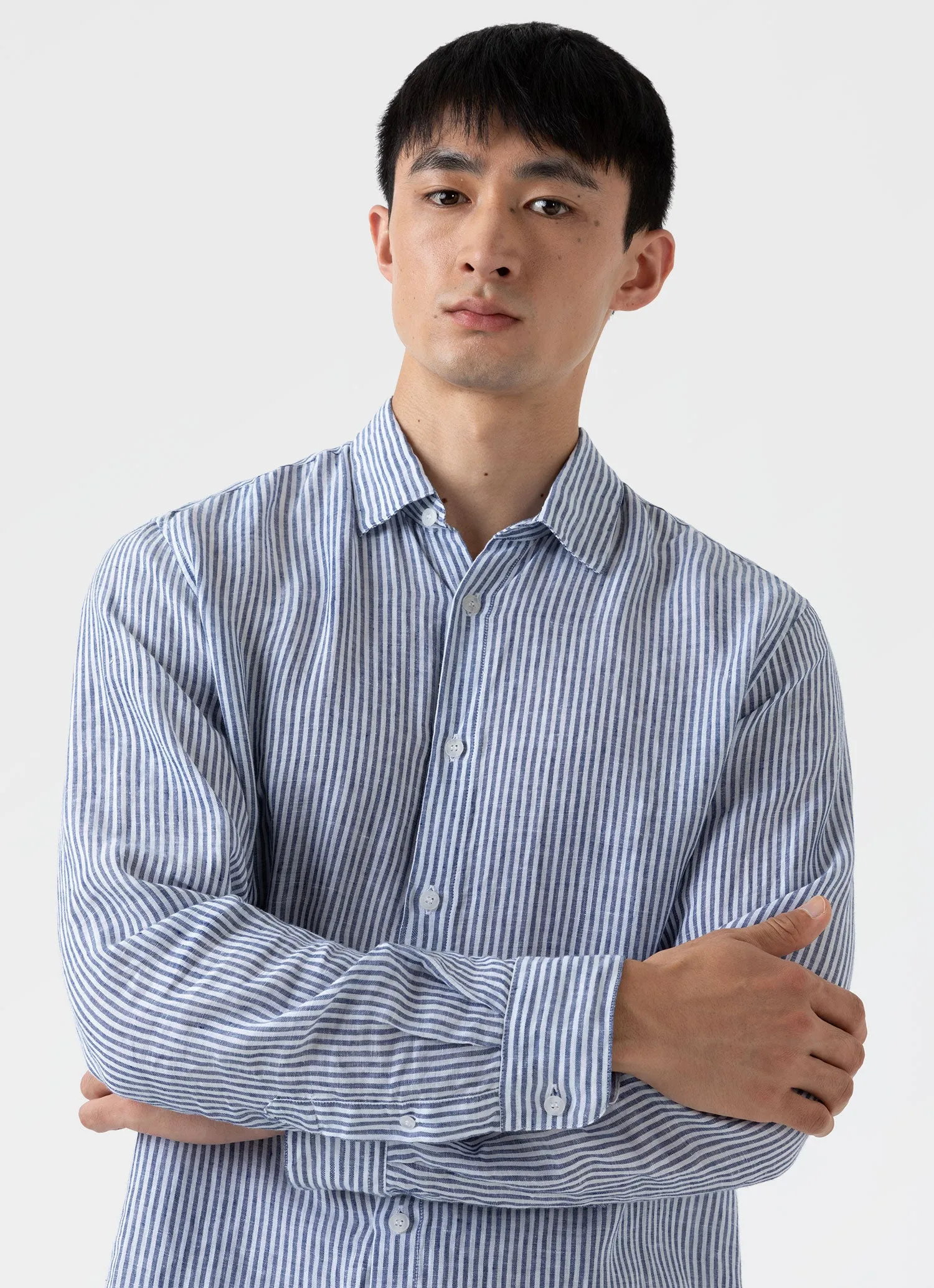 Men's Linen Shirt in Navy/White Linen Stripe