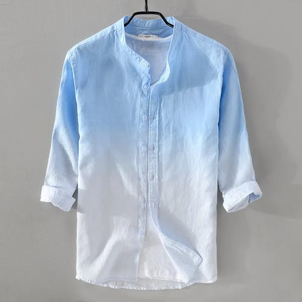 Men's linen shirt three-quarter sleeve gradient blue shirts