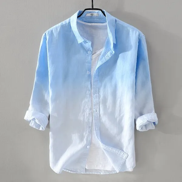 Men's linen shirt three-quarter sleeve gradient blue shirts