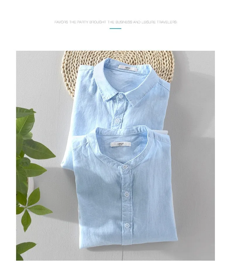 Men's linen shirt three-quarter sleeve gradient blue shirts