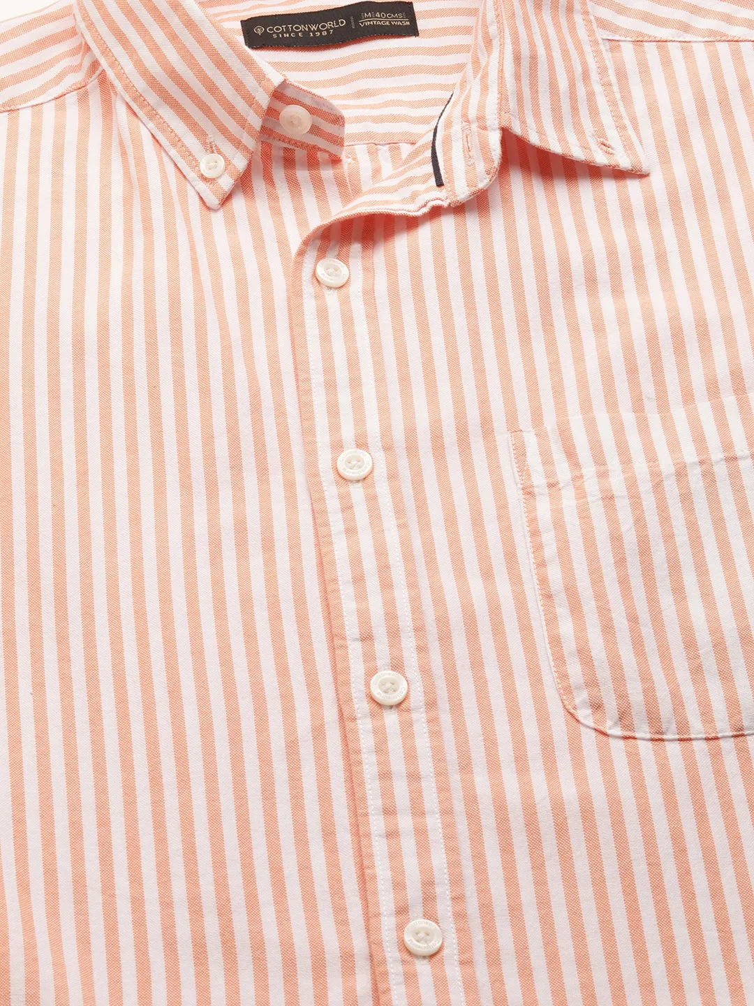 Men's Orange Oxford Cotton Striped Regular Fit Short Sleeved Shirt