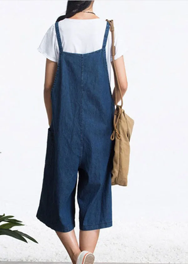 Organic Blue Pockets Solid Color Cotton Denim Jumpsuits Wide Leg Pants Summer