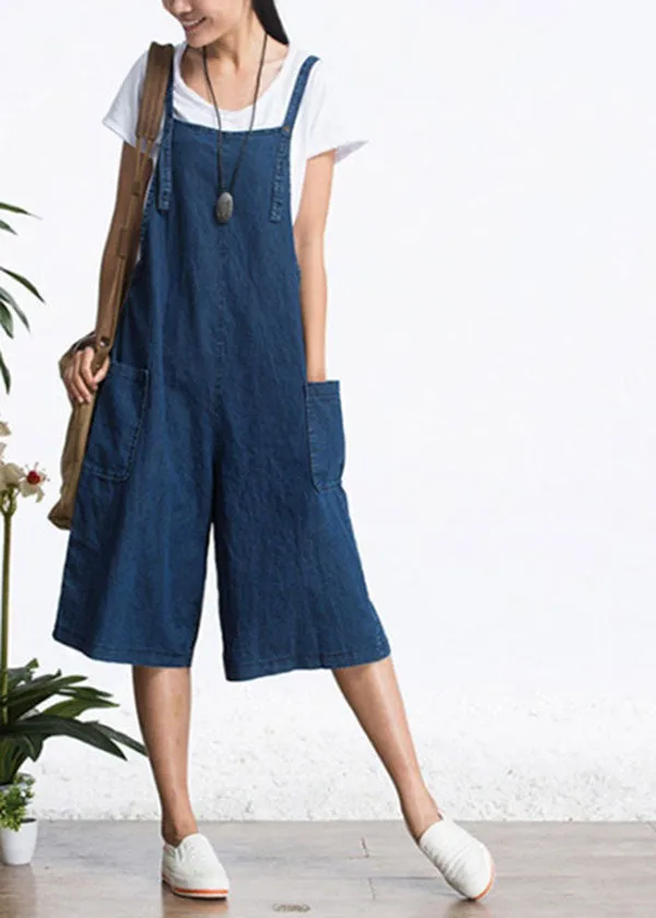 Organic Blue Pockets Solid Color Cotton Denim Jumpsuits Wide Leg Pants Summer