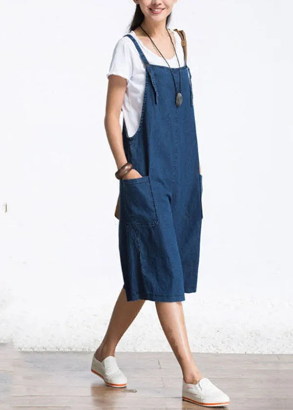 Organic Blue Pockets Solid Color Cotton Denim Jumpsuits Wide Leg Pants Summer