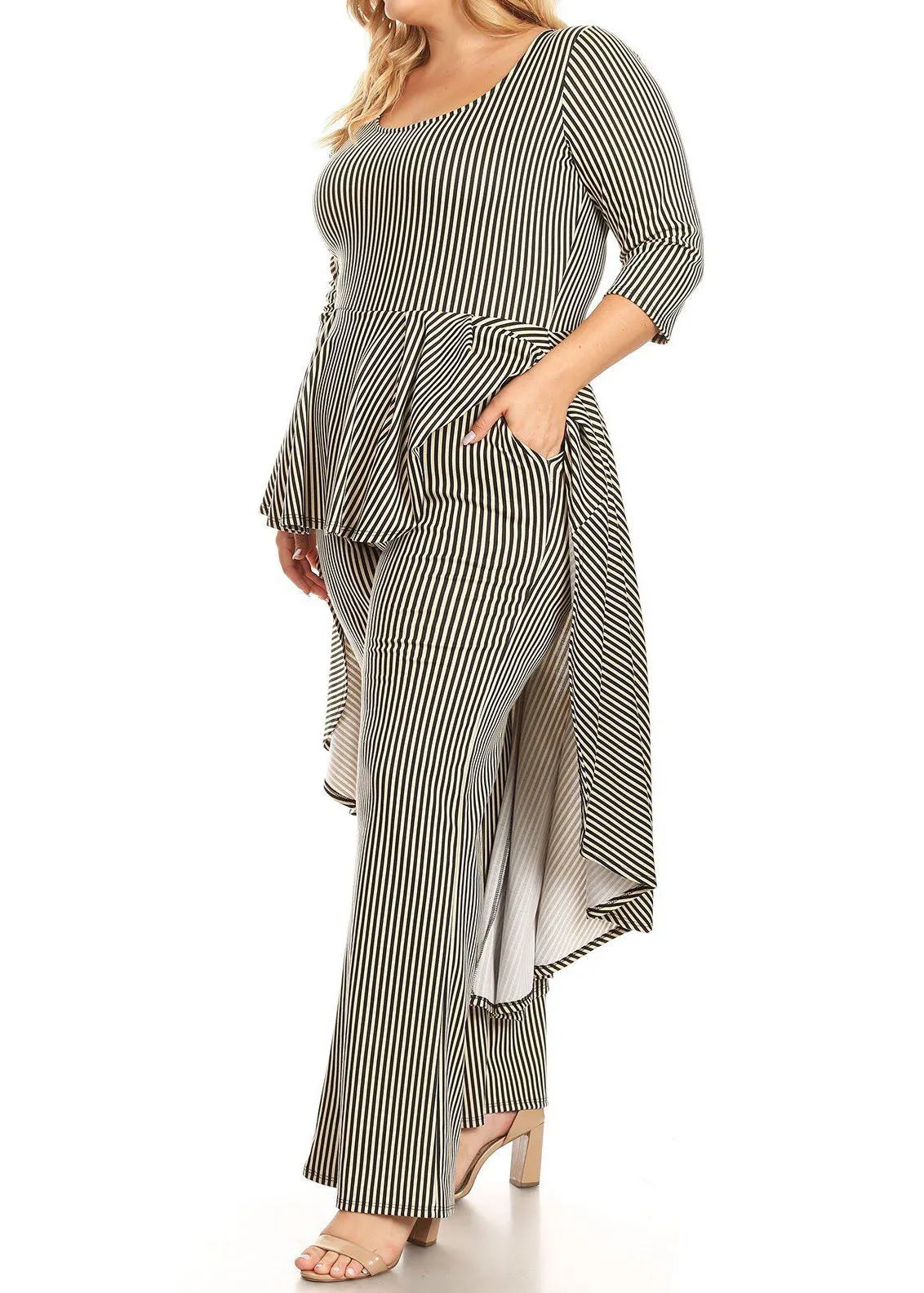 Plus Size Striped Hi- Low Top and Wide Leg Pants Jumpsuits