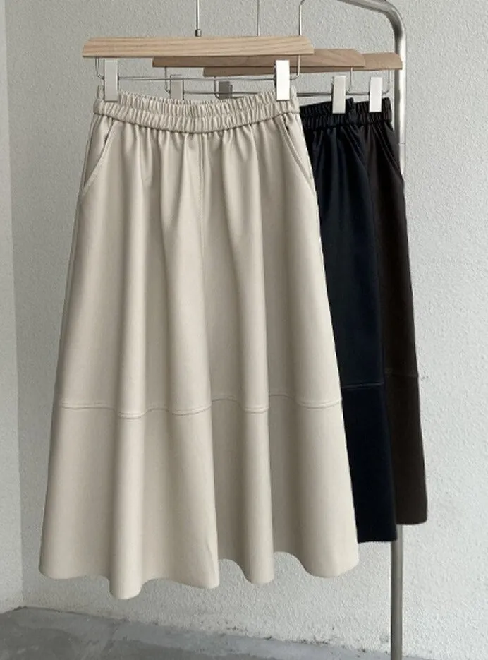 PU Skirts Elastic High Waist  Pockets Faux Leather A-line Skirts