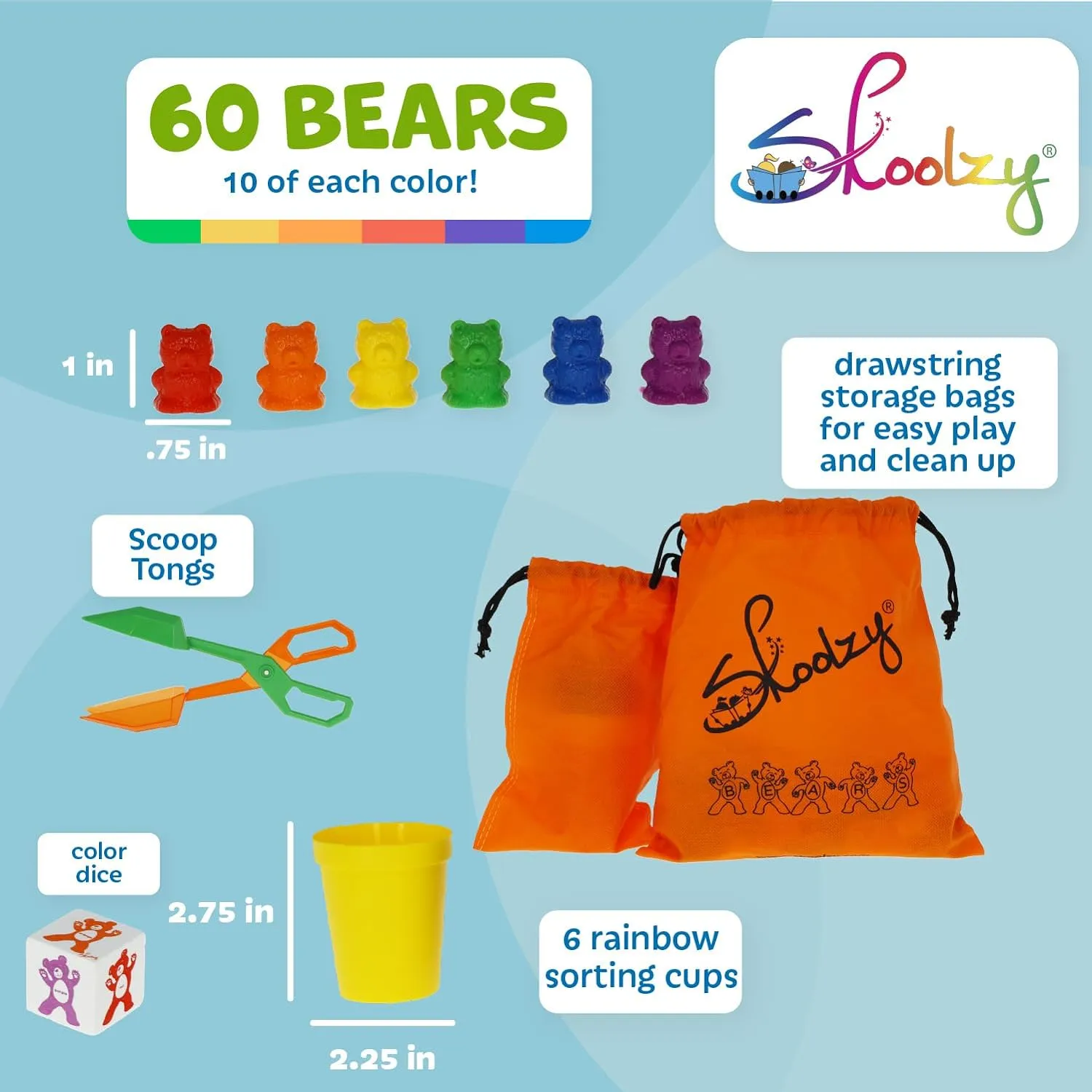 Rainbow Stacking Bears with Matching Sorting Cups 69 Piece Set, 60 Bear counters, Scissor Tongs, Rainbow Cups, Storage Bag, Sorting dice Game