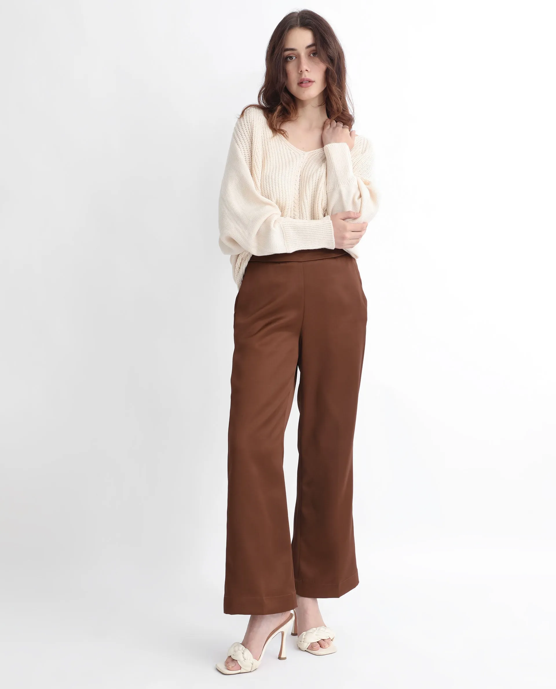 Rareism Women Charo Brown Polyester Fabric Tailored Fit Mid Rise Solid Ankle Length Trousers