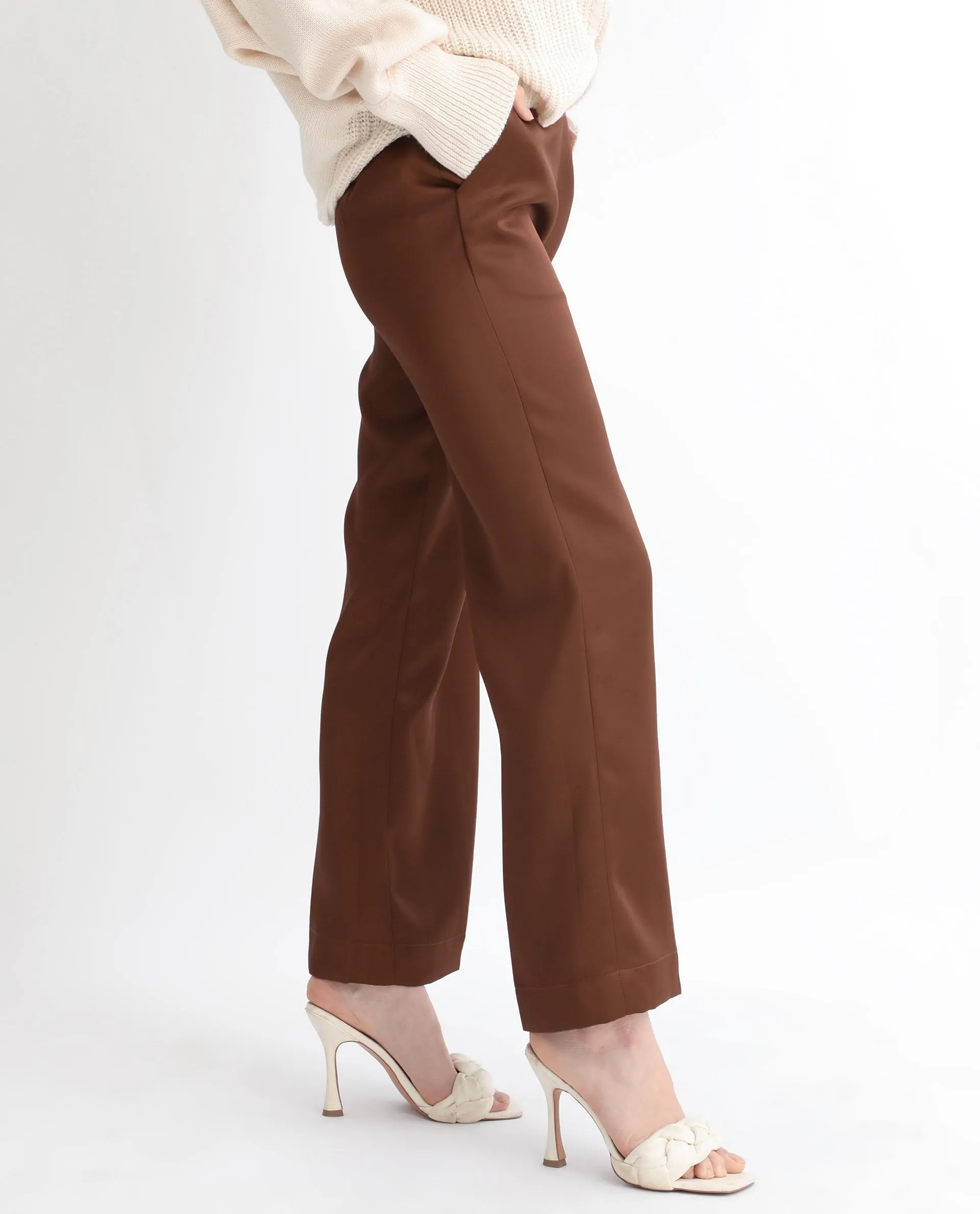 Rareism Women Charo Brown Polyester Fabric Tailored Fit Mid Rise Solid Ankle Length Trousers