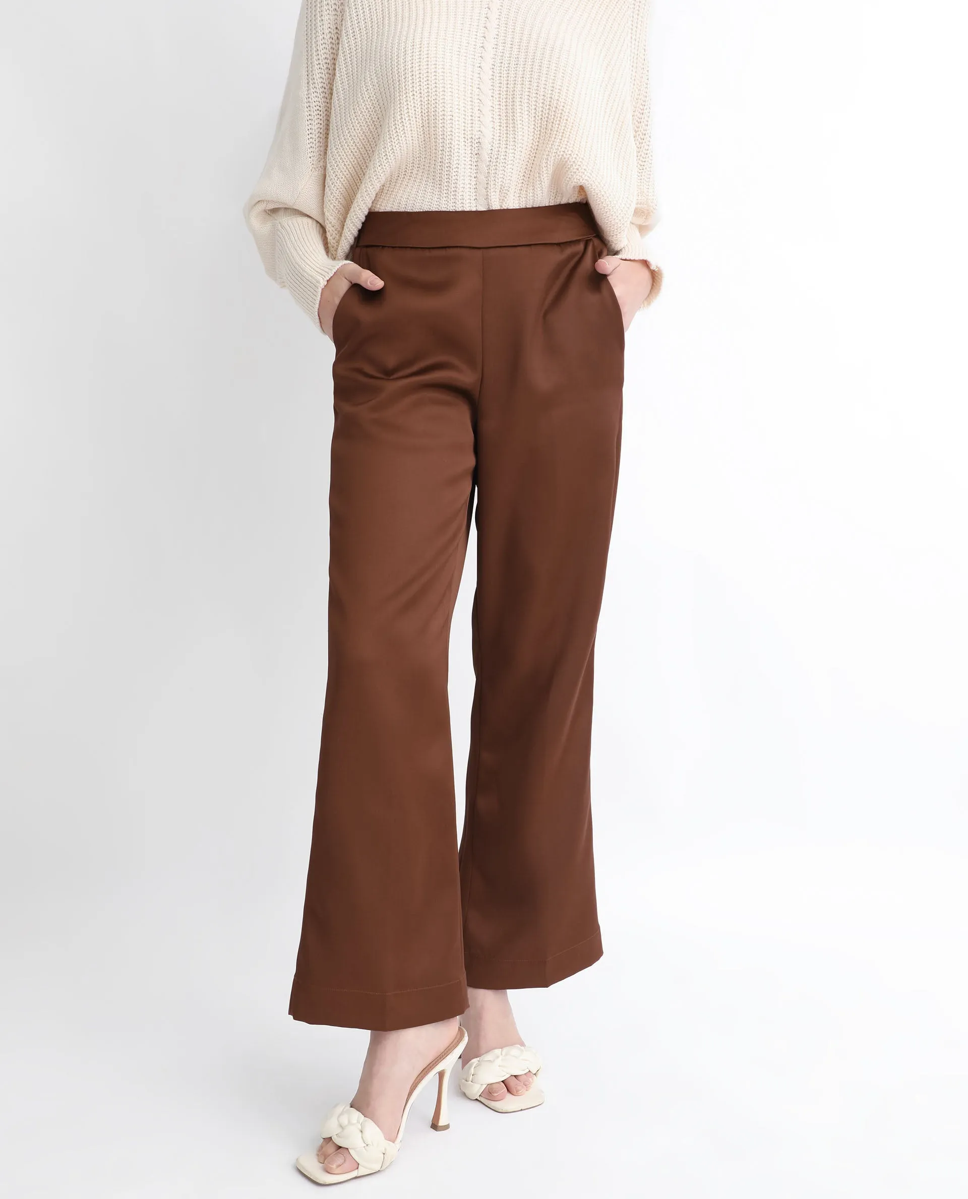 Rareism Women Charo Brown Polyester Fabric Tailored Fit Mid Rise Solid Ankle Length Trousers