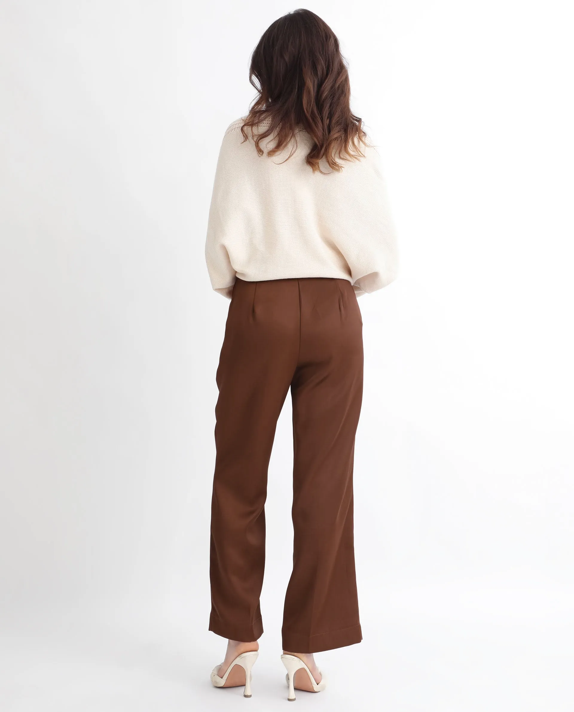 Rareism Women Charo Brown Polyester Fabric Tailored Fit Mid Rise Solid Ankle Length Trousers