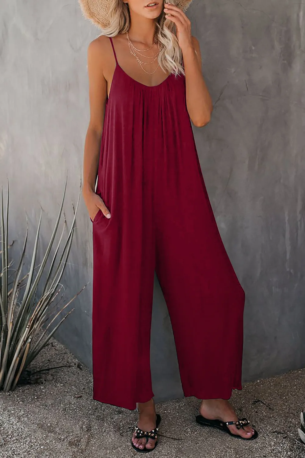 Red Spaghetti Straps Wide Leg Pocketed Jumpsuits