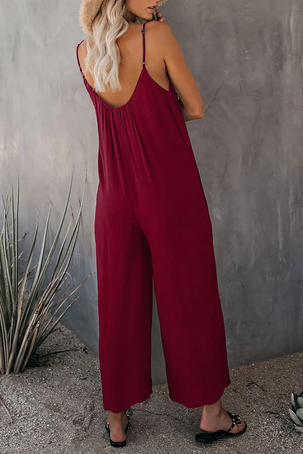 Red Spaghetti Straps Wide Leg Pocketed Jumpsuits