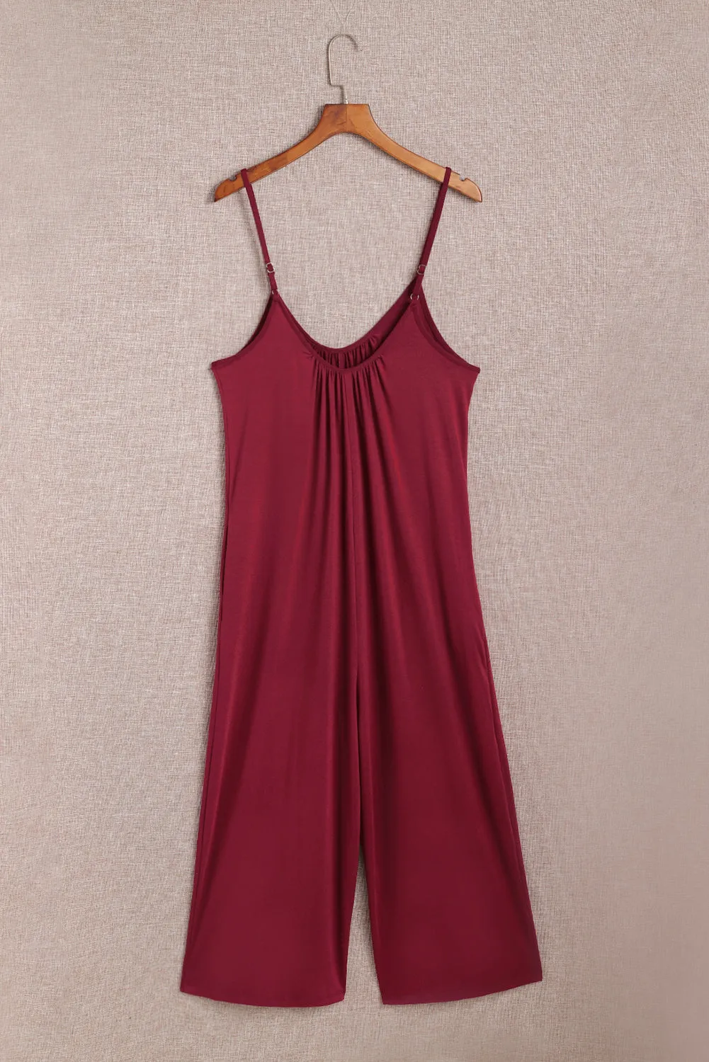 Red Spaghetti Straps Wide Leg Pocketed Jumpsuits