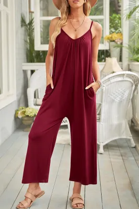 Red Spaghetti Straps Wide Leg Pocketed Jumpsuits