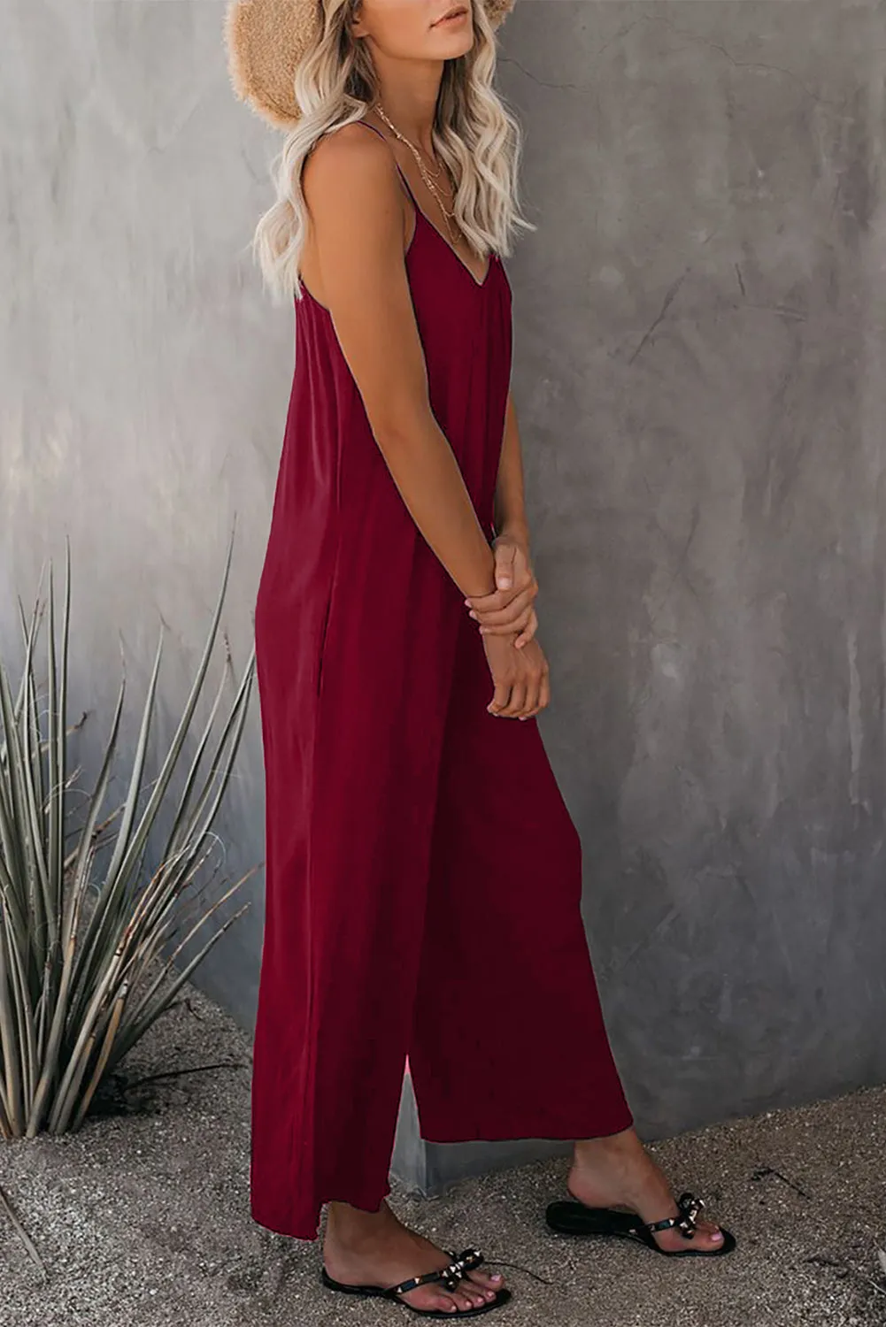 Red Spaghetti Straps Wide Leg Pocketed Jumpsuits