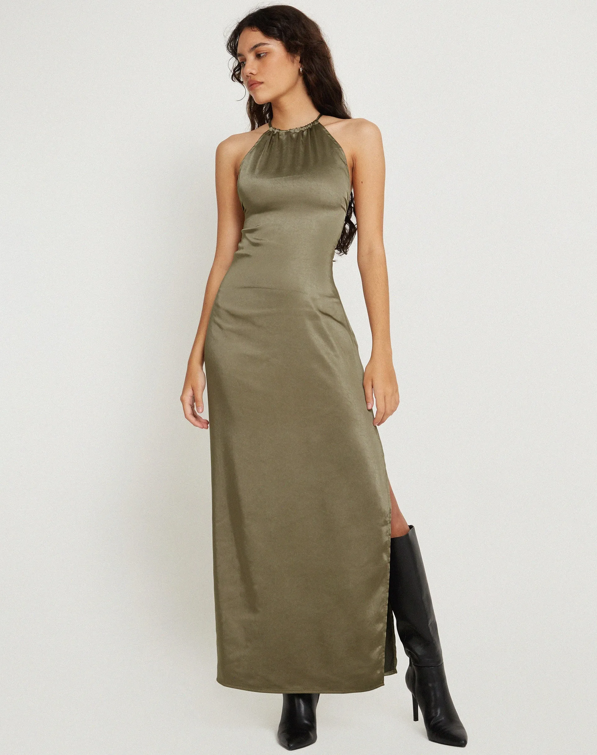 Salazar Halter Neck Maxi Dress in Satin Dark Olive