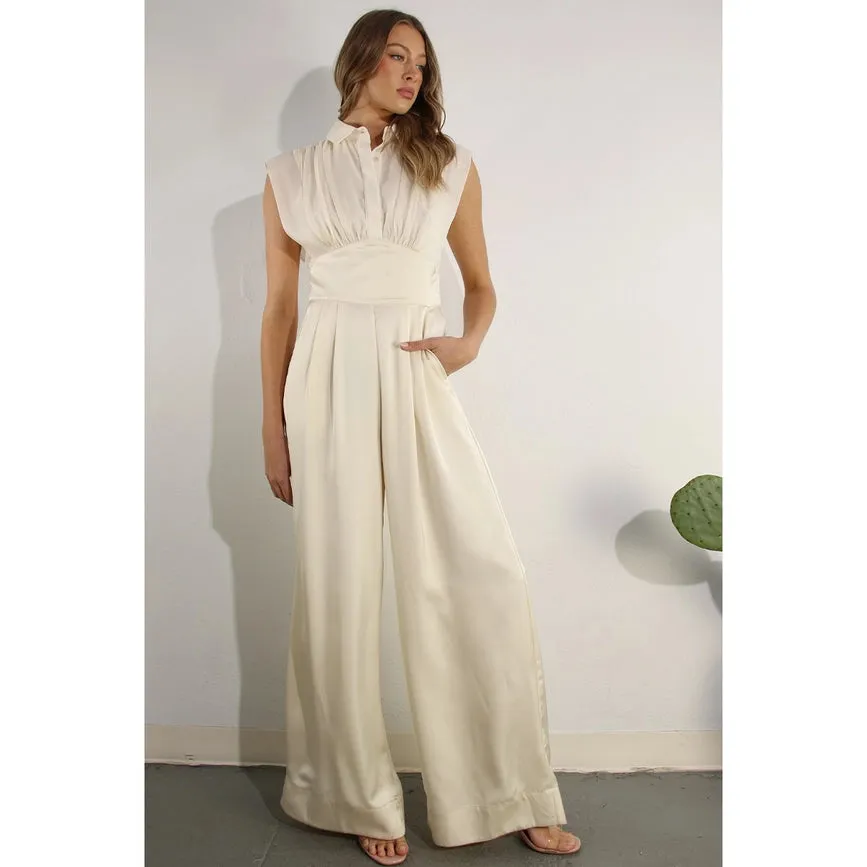 Sheer Pleated Top Satin Jumpsuit