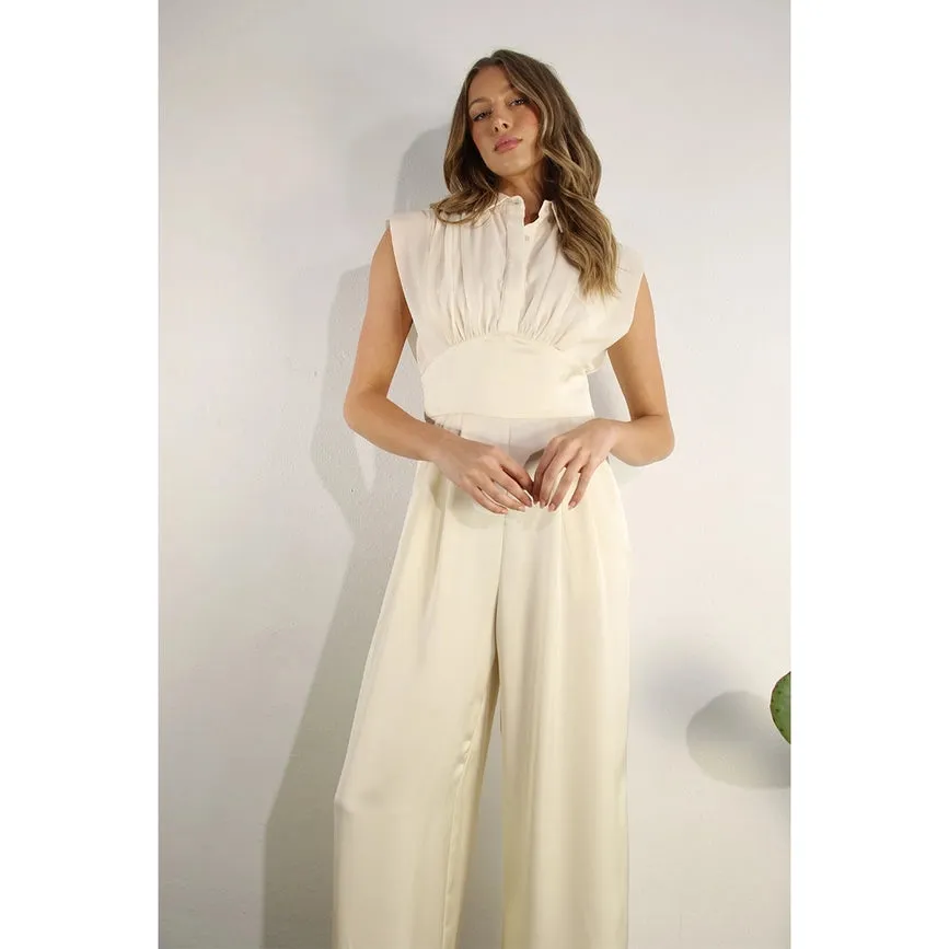 Sheer Pleated Top Satin Jumpsuit