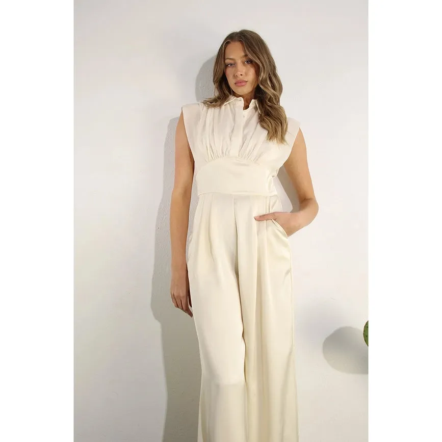 Sheer Pleated Top Satin Jumpsuit