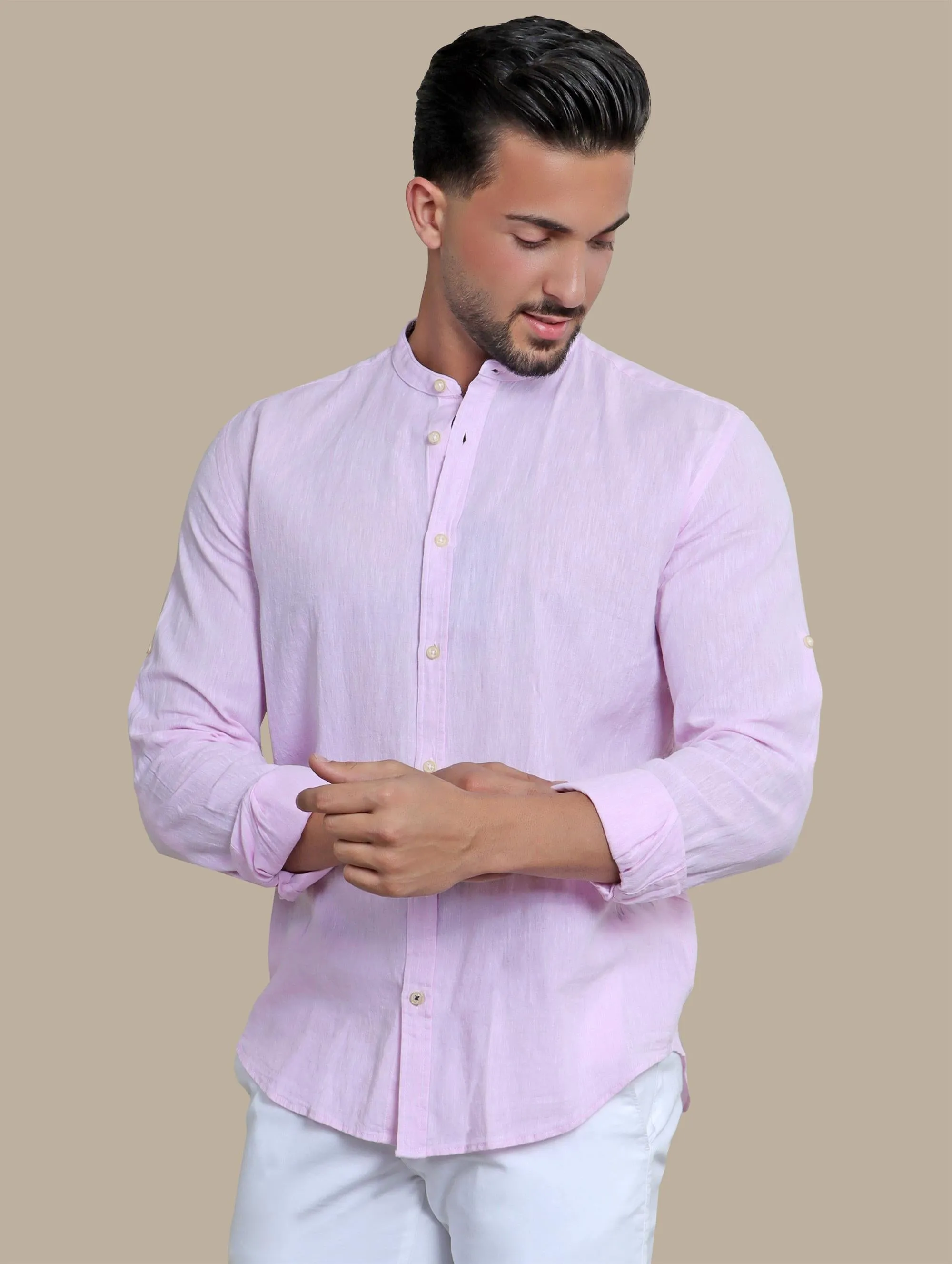 Shirt Linen Col Mao Inside Print | Pink