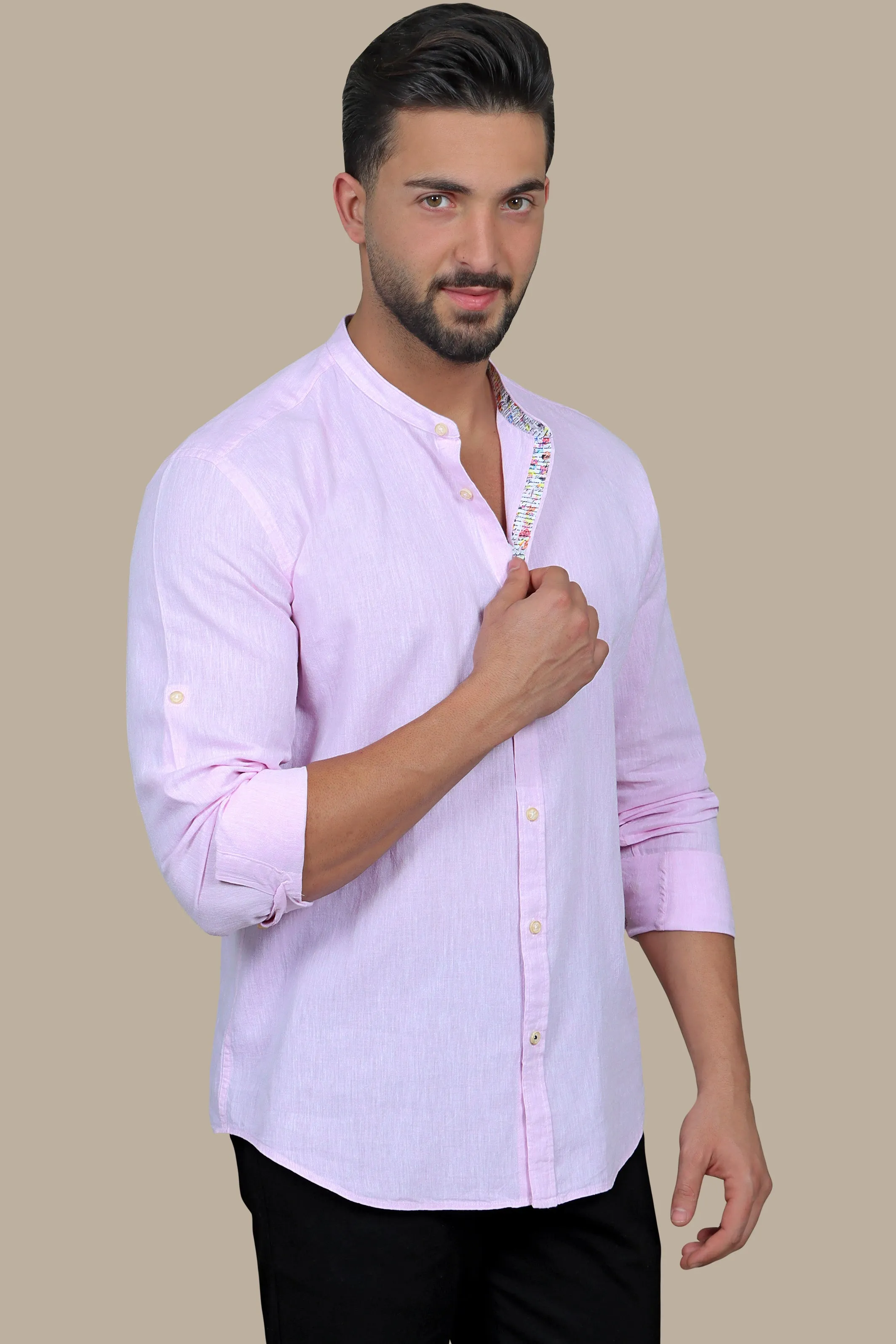 Shirt Linen Col Mao Inside Print | Pink