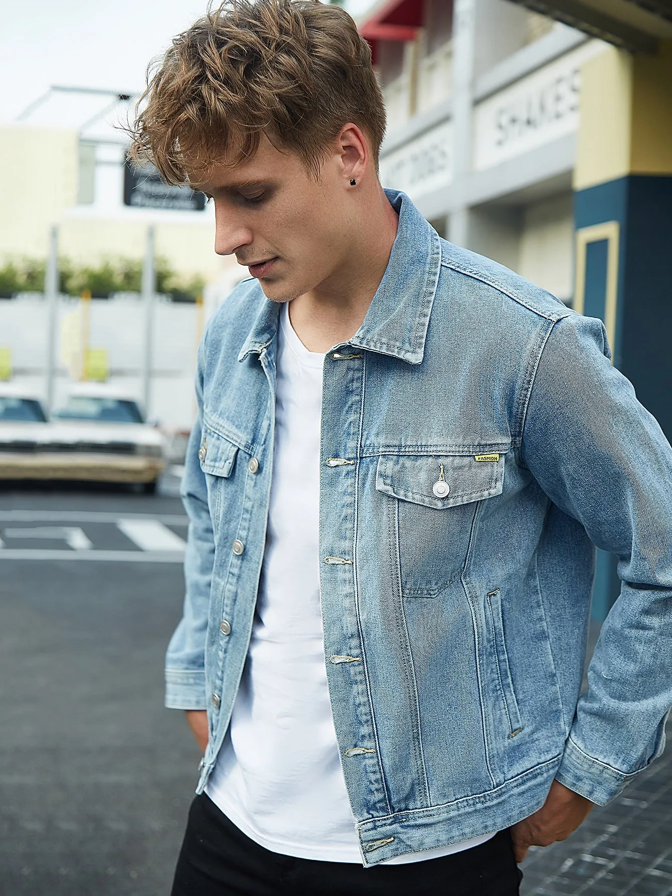 Single Breasted Light Wash Flap Detail Denim Jacket