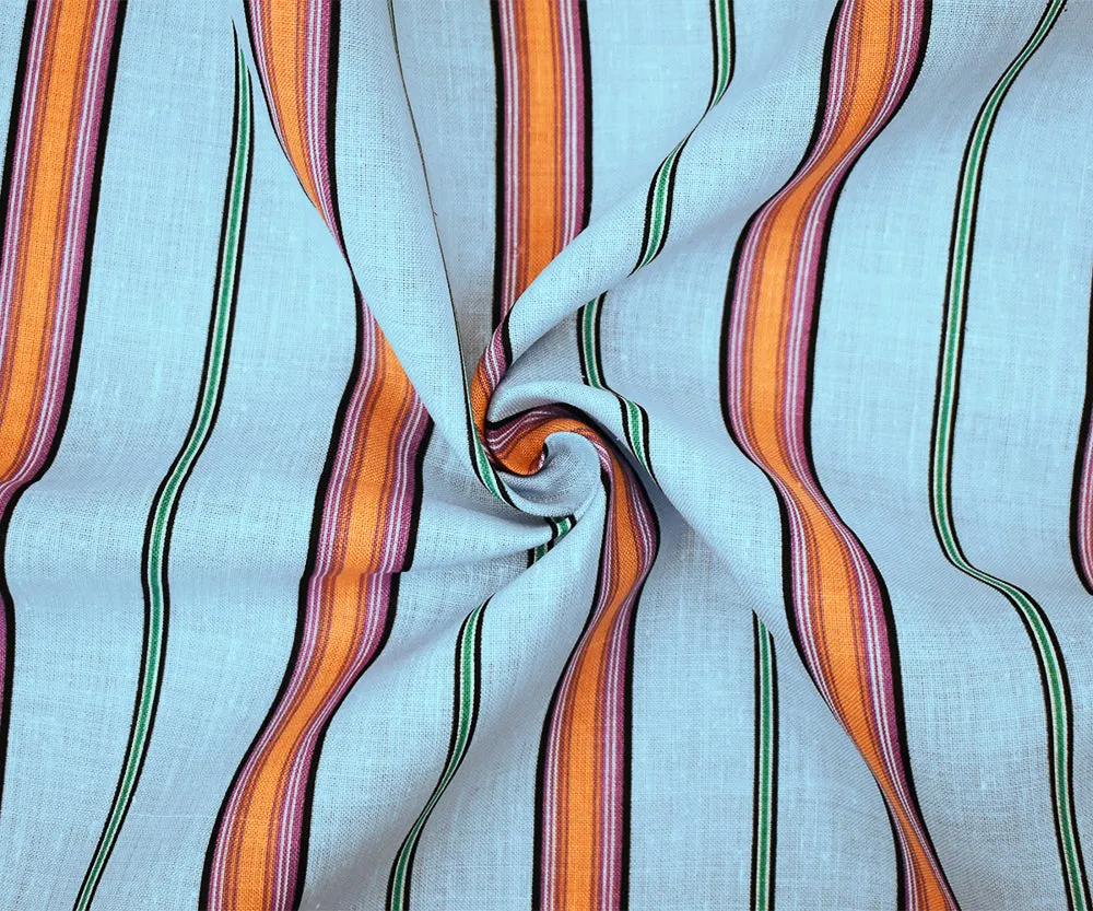 Sky Blue-Orange-Multi Stripe Printed Linen Woven Fabric