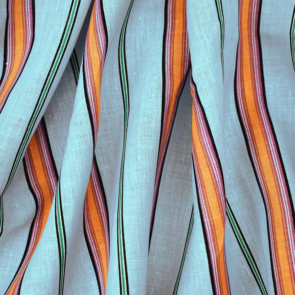 Sky Blue-Orange-Multi Stripe Printed Linen Woven Fabric