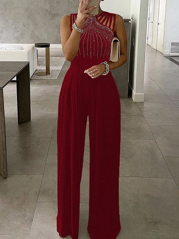 Sleeveless Wide Leg Hollow Rhinestone Jumpsuits