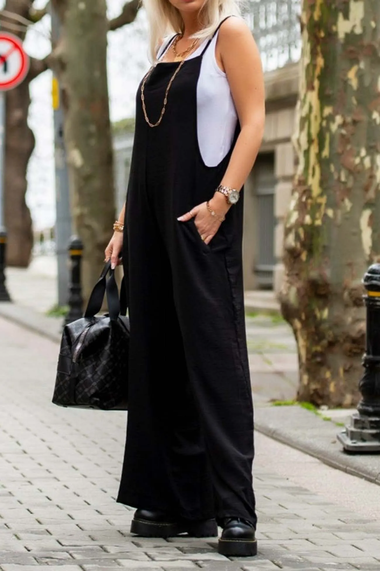 Solid Color Wide Leg Cami Jumpsuits