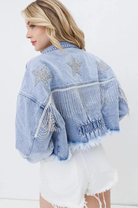 Star Rhinestone Fringe Back Elastic Denim Jacket  Denim