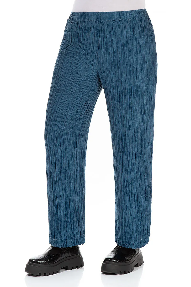 Straight Crinkled Petrol Blue Silk Trousers