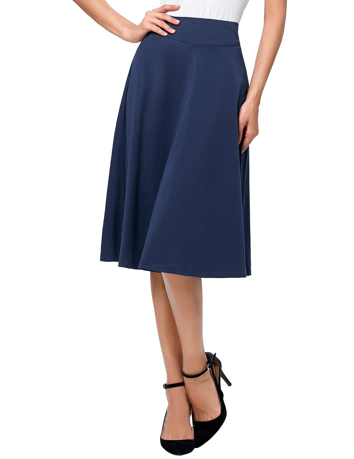 Stretchy Cotton High Waist A-line Flared Skirt Midi Skirt