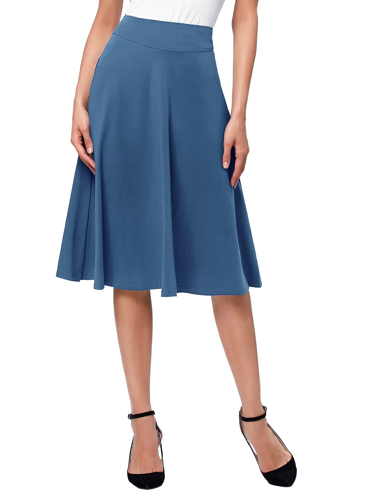 Stretchy Cotton High Waist A-line Flared Skirt Midi Skirt