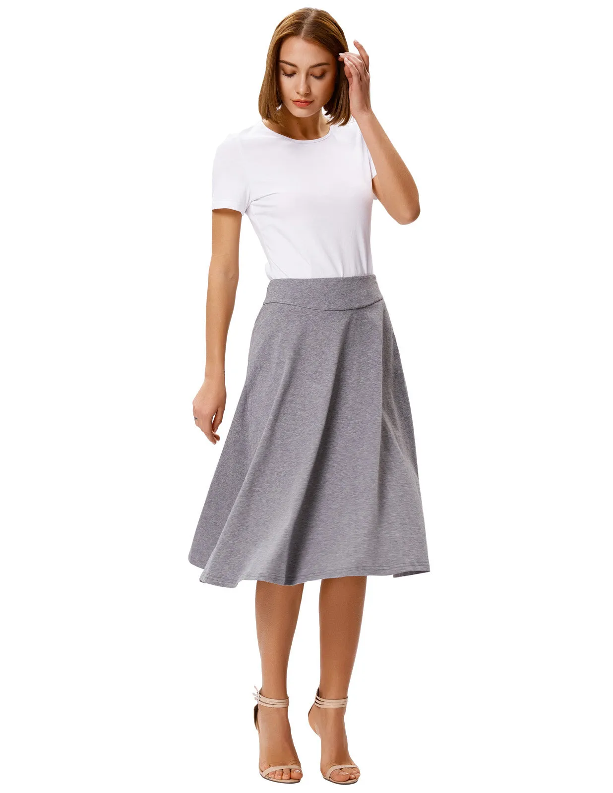 Stretchy Cotton High Waist A-line Flared Skirt Midi Skirt