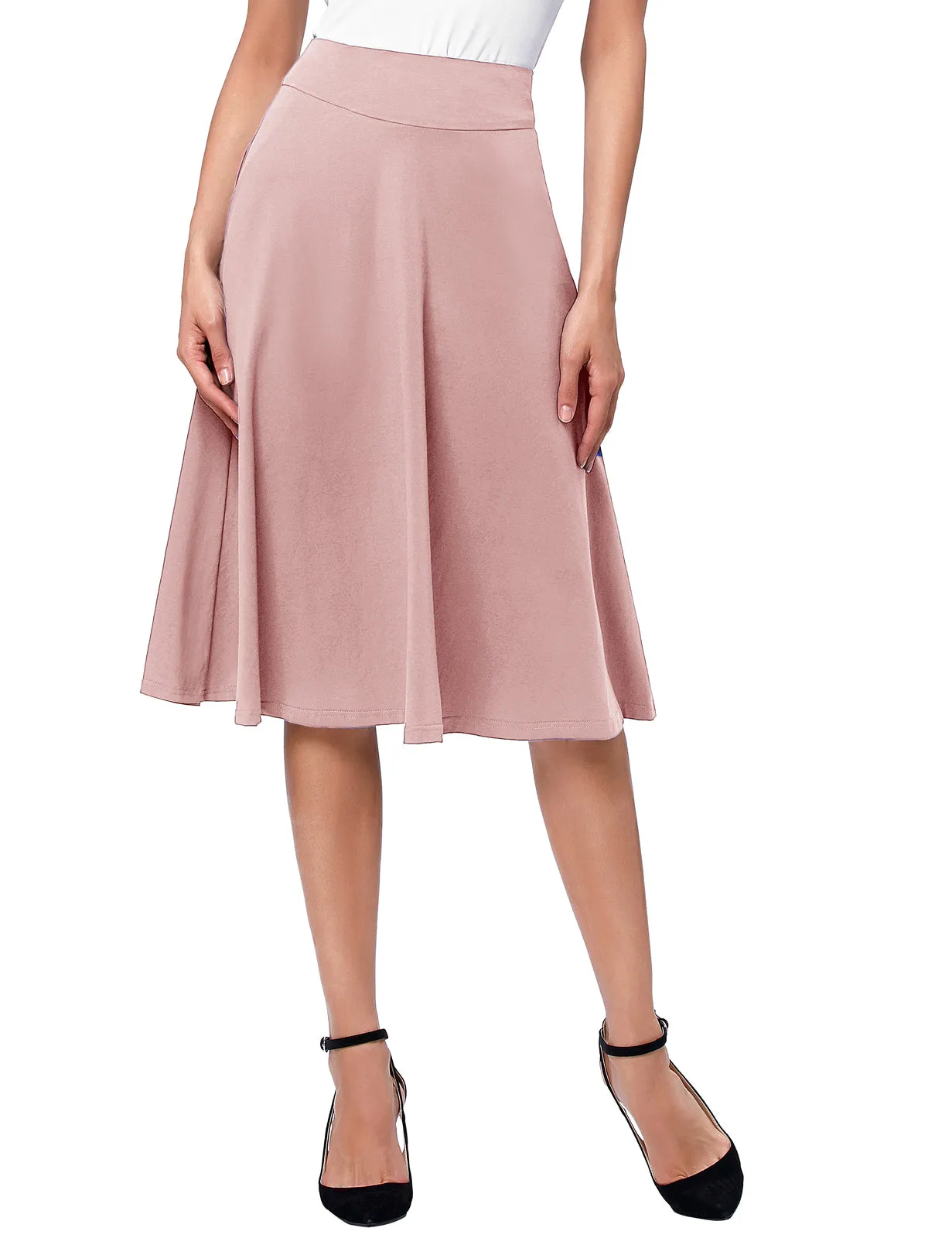 Stretchy Cotton High Waist A-line Flared Skirt Midi Skirt