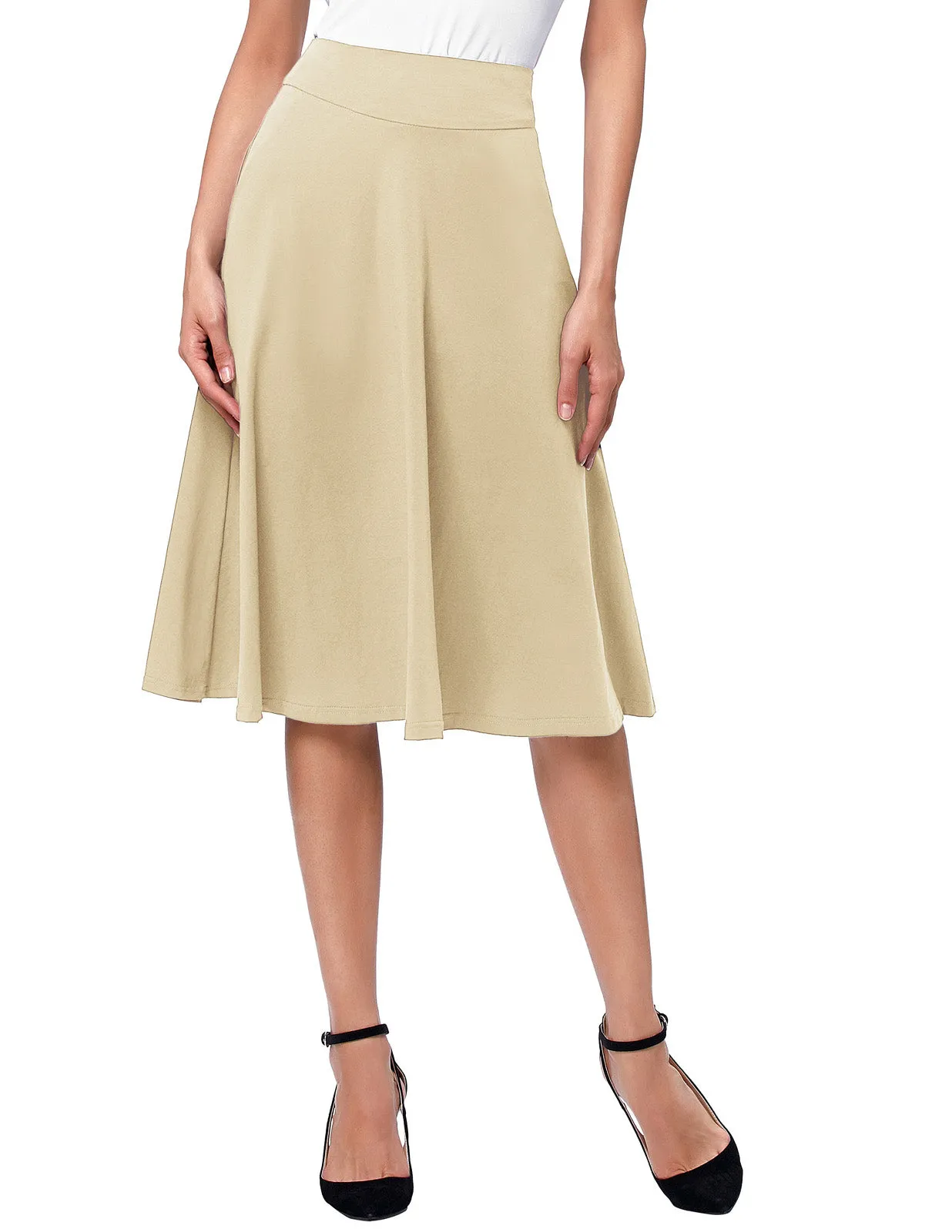 Stretchy Cotton High Waist A-line Flared Skirt Midi Skirt