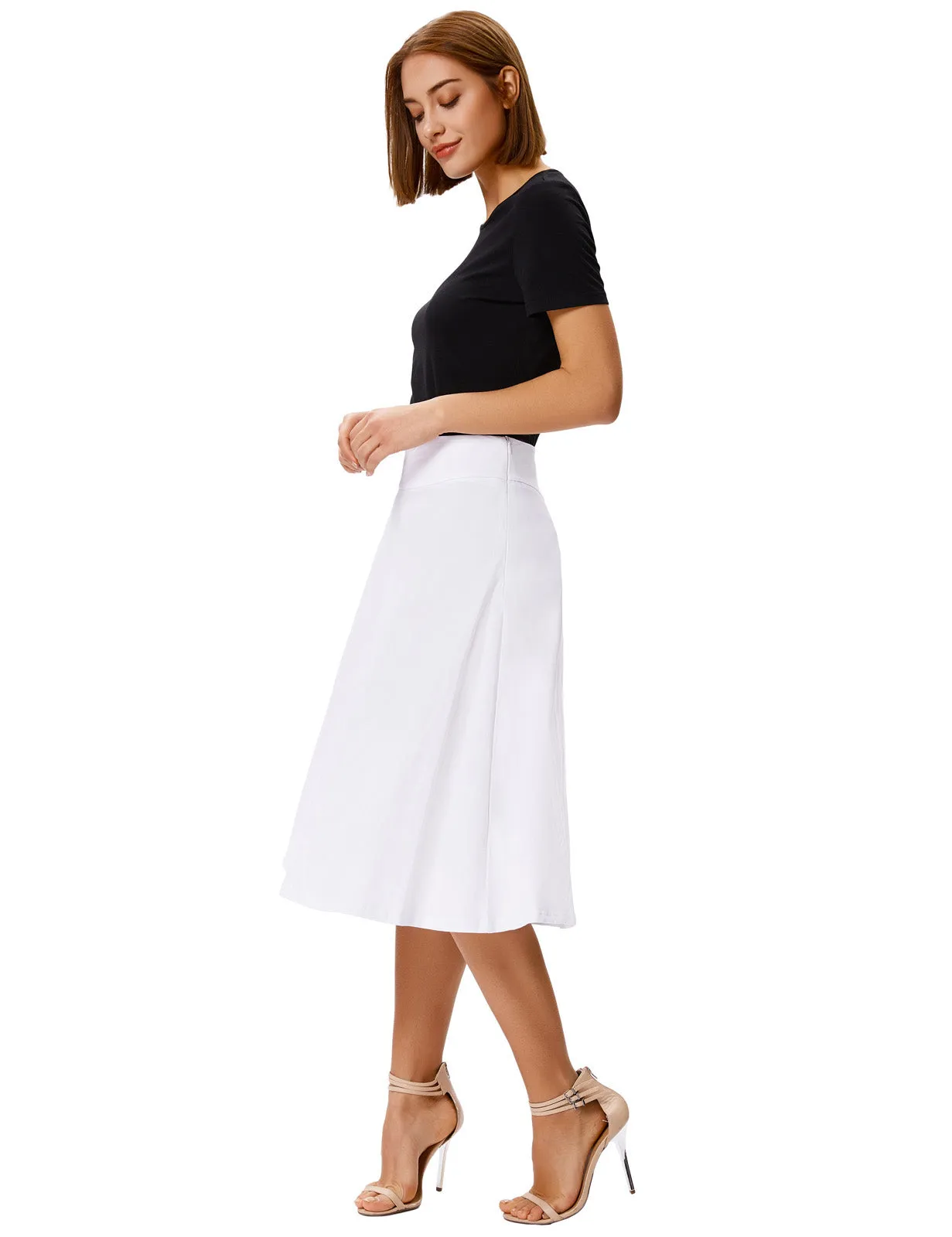 Stretchy Cotton High Waist A-line Flared Skirt Midi Skirt