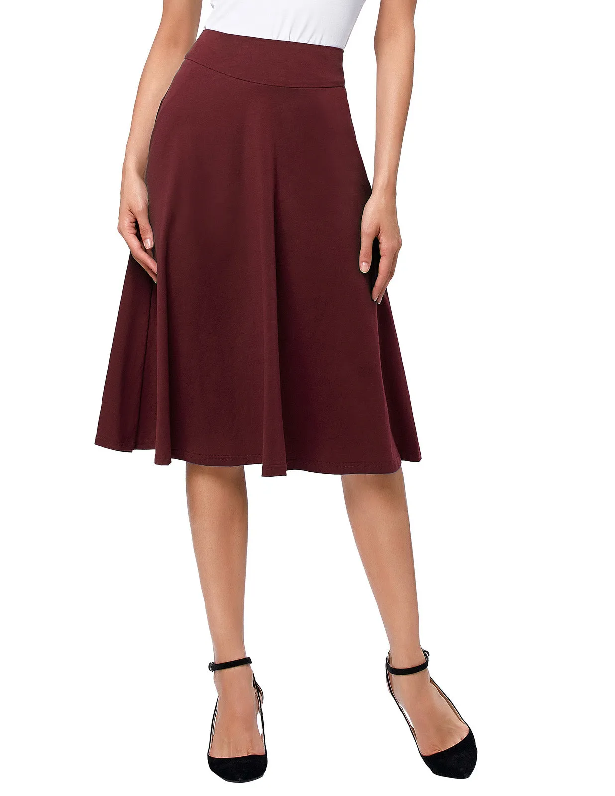 Stretchy Cotton High Waist A-line Flared Skirt Midi Skirt