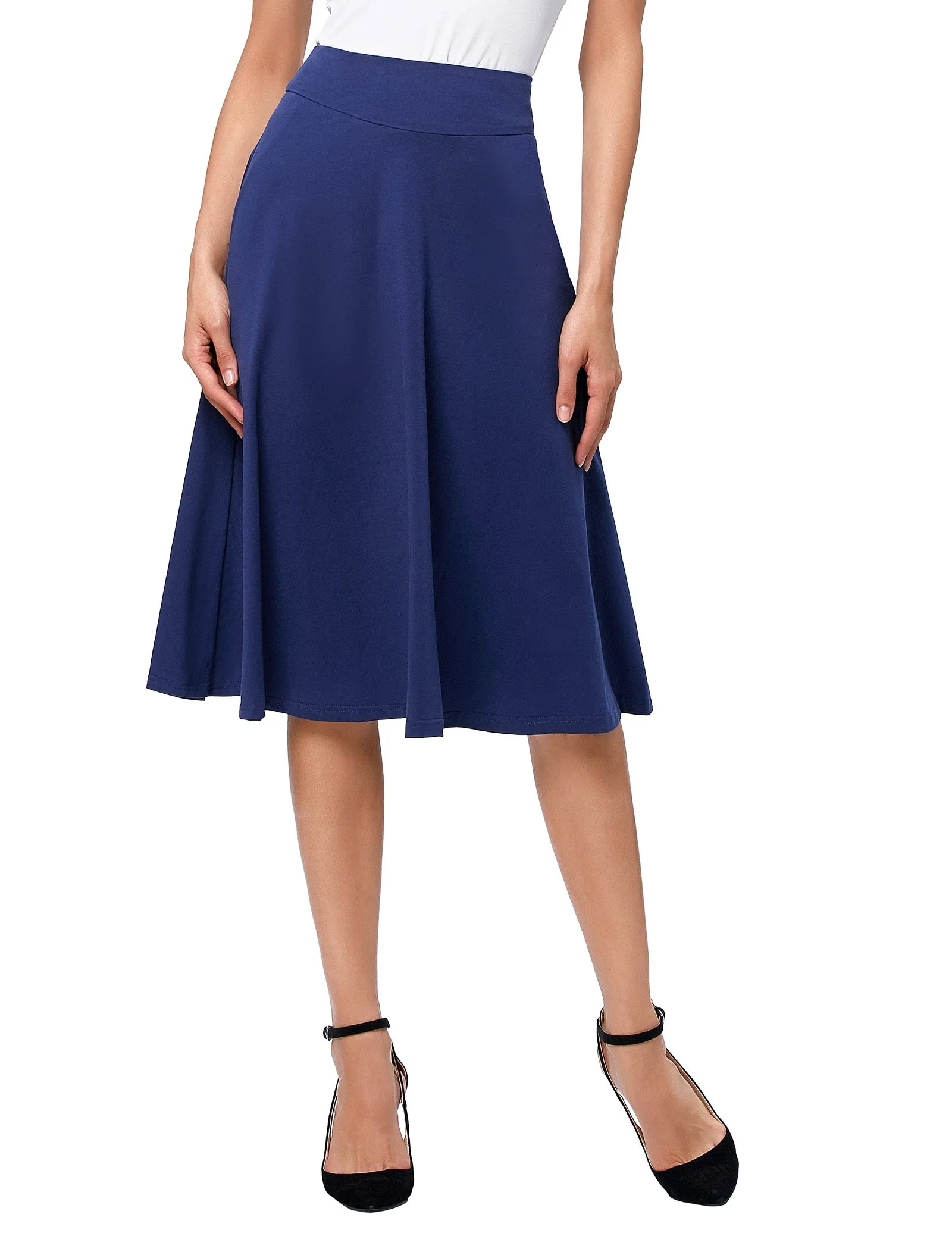 Stretchy Cotton High Waist A-line Flared Skirt Midi Skirt